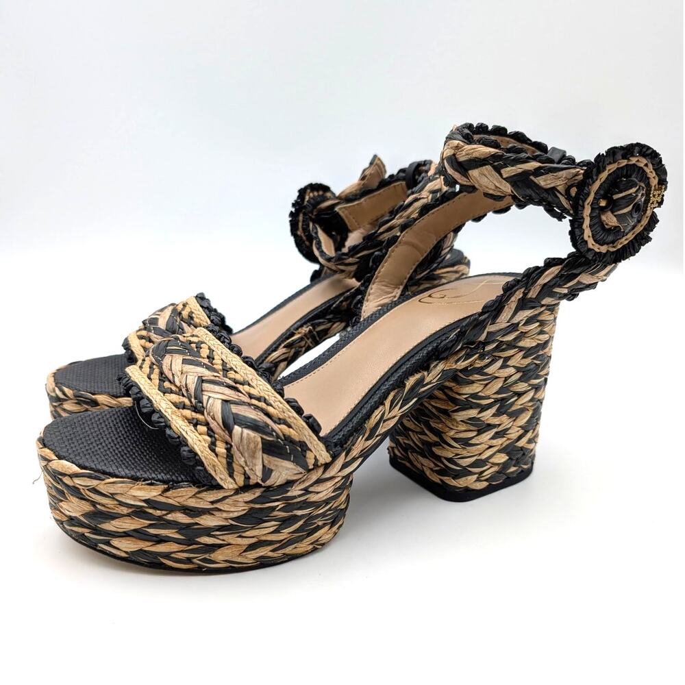 Sam Edelman Iliana Wedge Sandal Women's Black/Natural Raffia Size US7.5M EU38